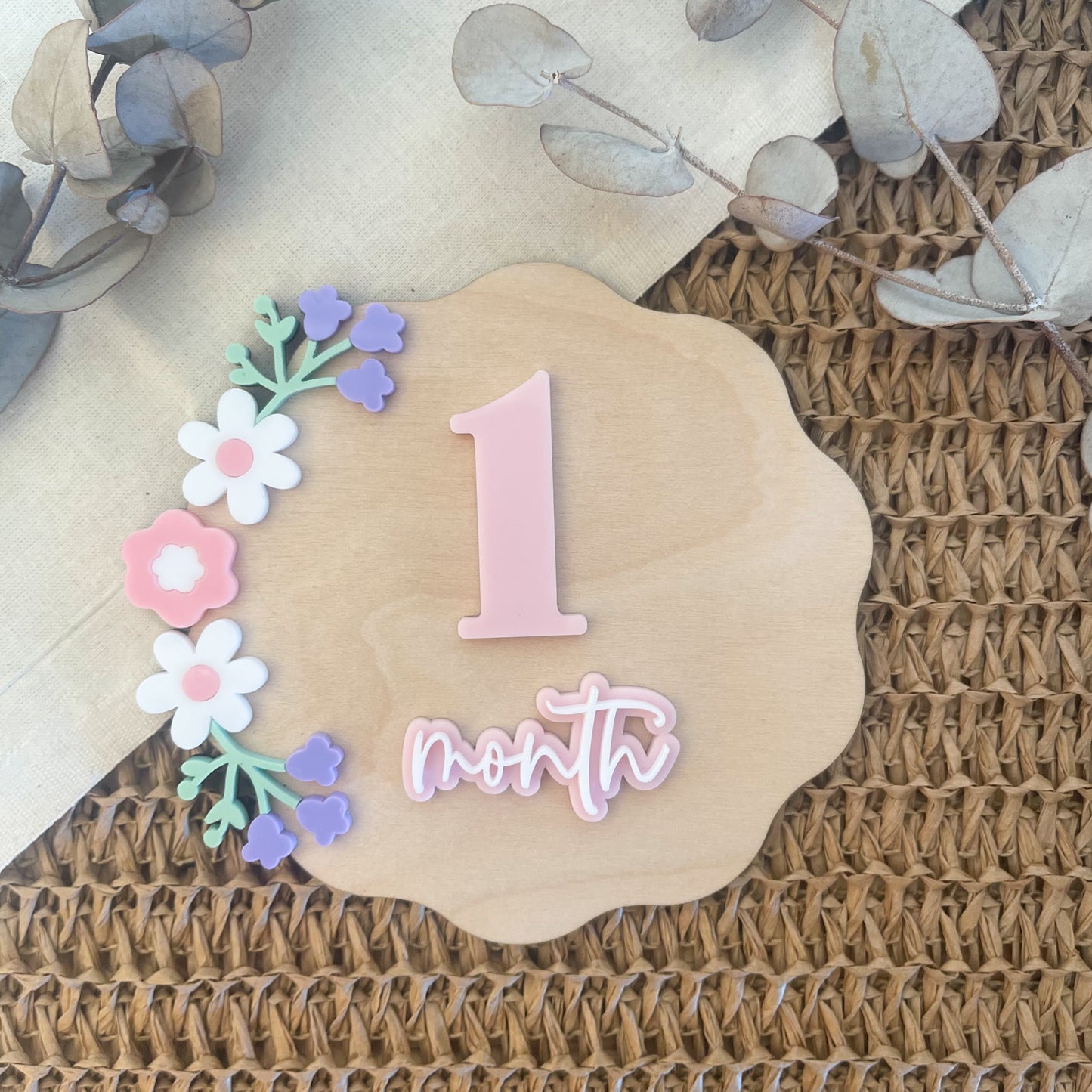 Baby Milestone Disc | Floral Wooden Baby Keepsake