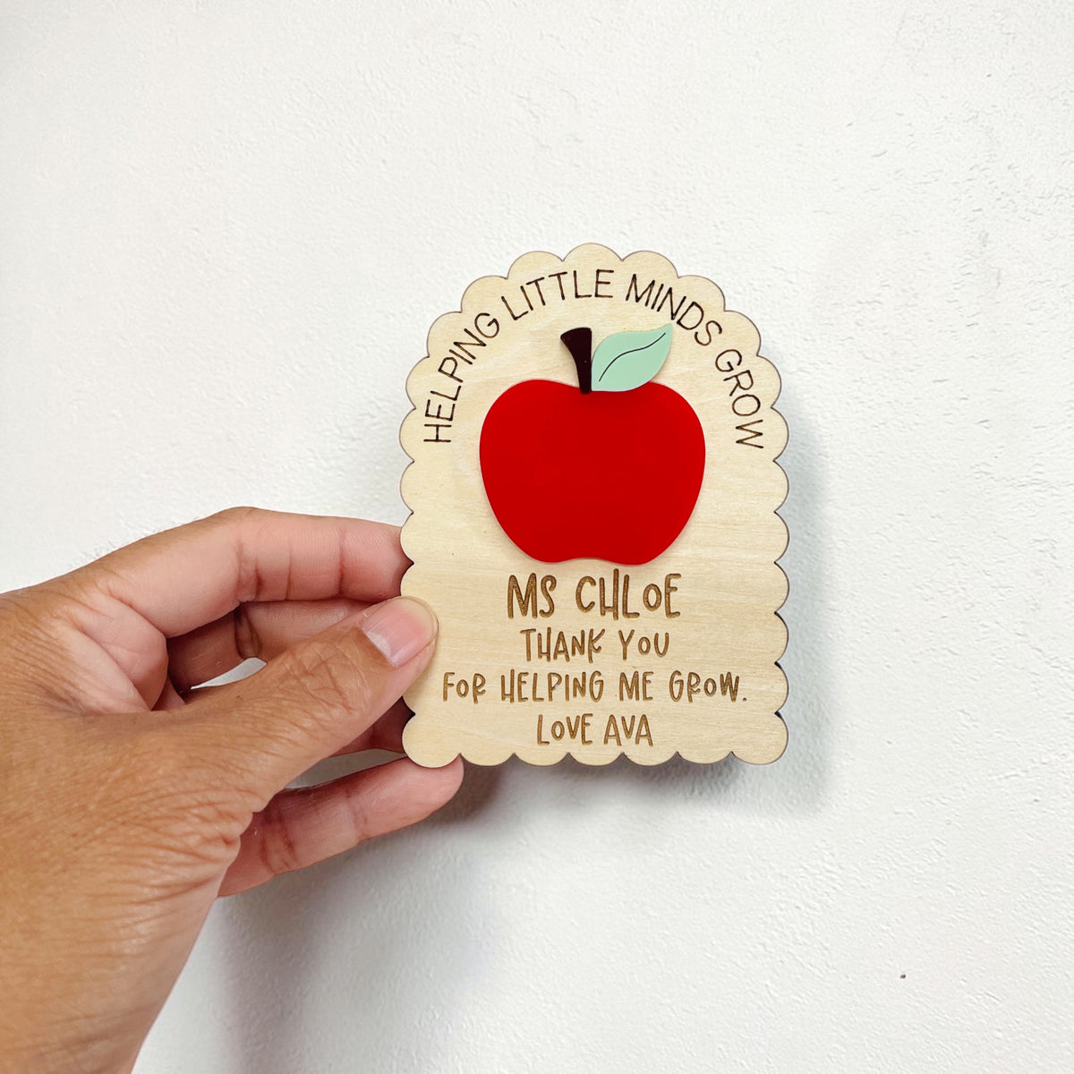 Handmade wooden teacher magnet with colourful apple and thank you message