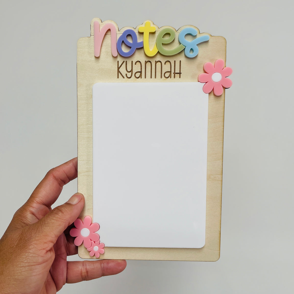 Handmade teacher dry erase note board with pastel NOTES lettering and pink flowers
