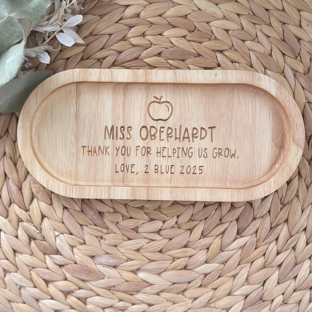 Personalised wooden teacher trinket tray engraved with a teacher appreciation message and custom teacher name.