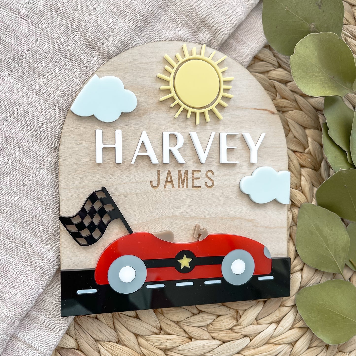 Race Car Baby Name Sign | Personalized Wooden Nursery Plaque