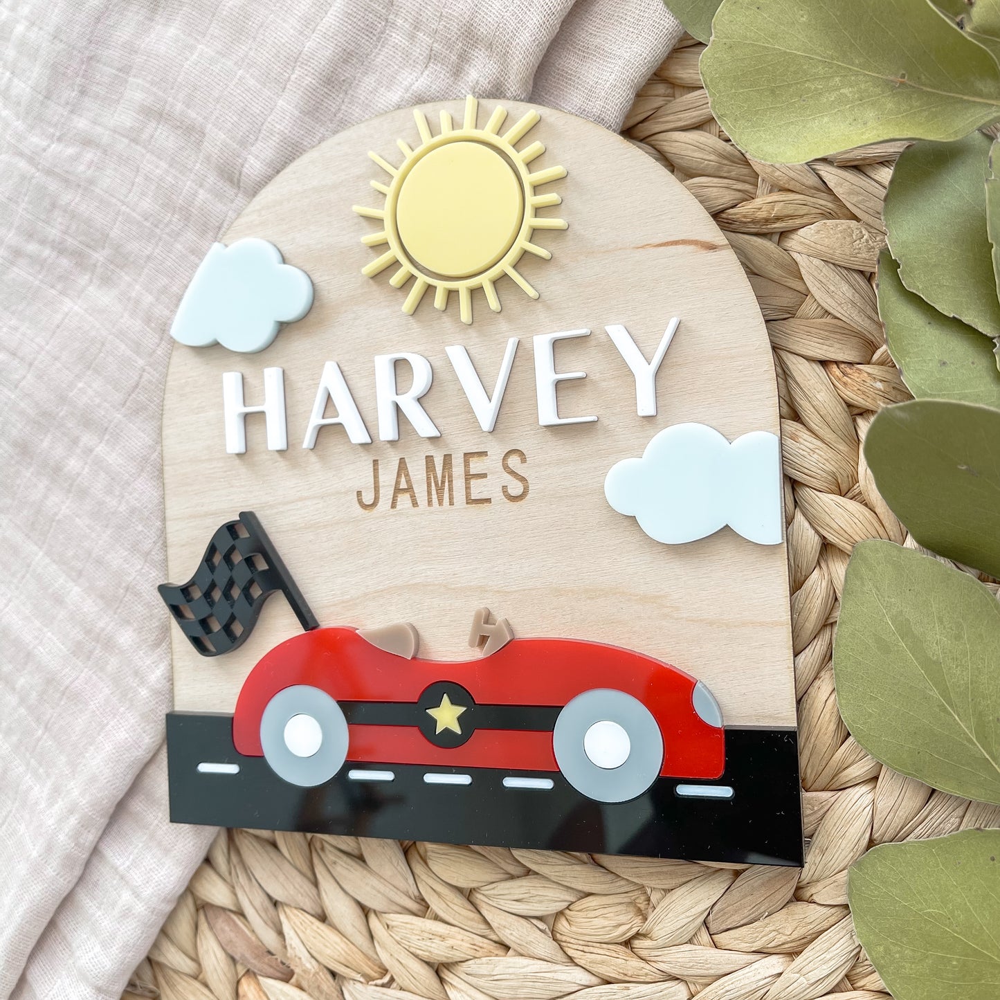 Race Car Baby Name Sign | Personalized Wooden Nursery Plaque