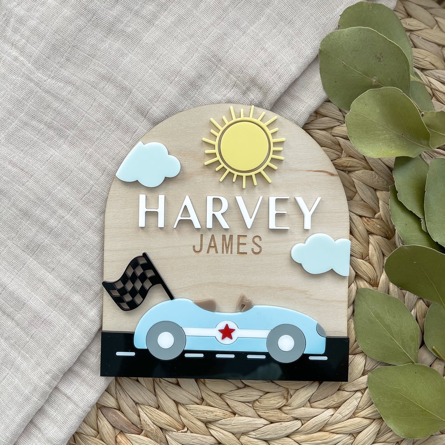 Race Car Baby Name Sign | Personalized Wooden Nursery Plaque