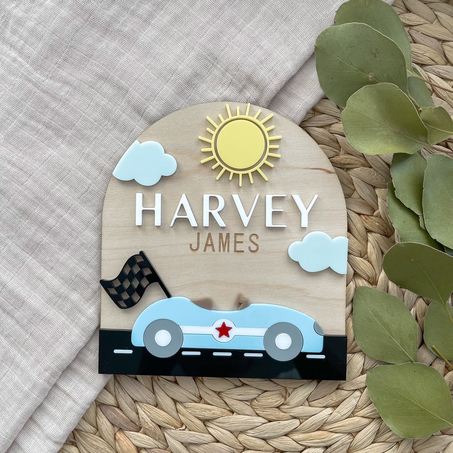 Race Car Baby Name Sign | Personalized Wooden Nursery Plaque