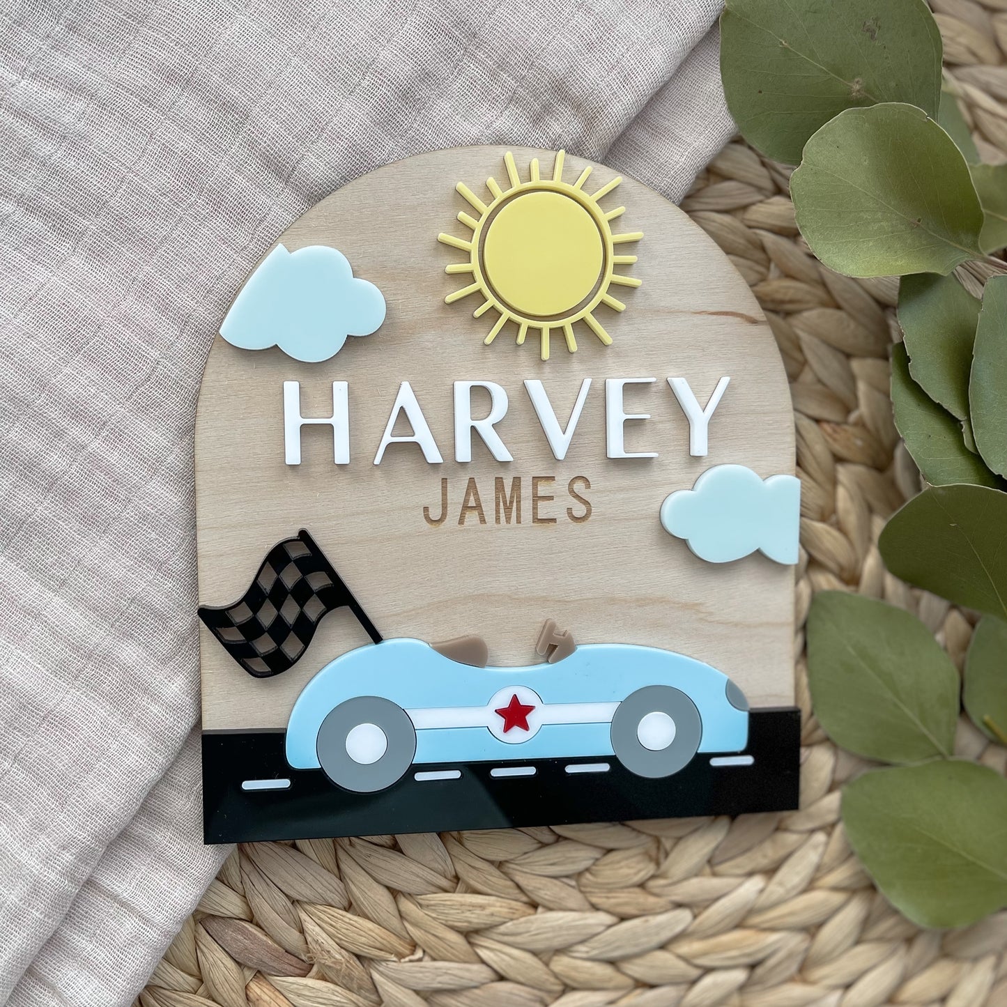 Race Car Baby Name Sign | Personalized Wooden Nursery Plaque