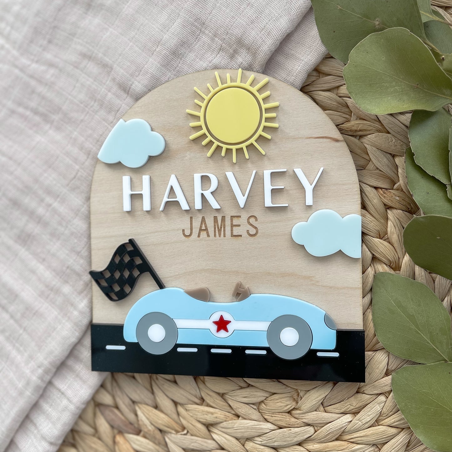 Race Car Baby Name Sign | Personalized Wooden Nursery Plaque