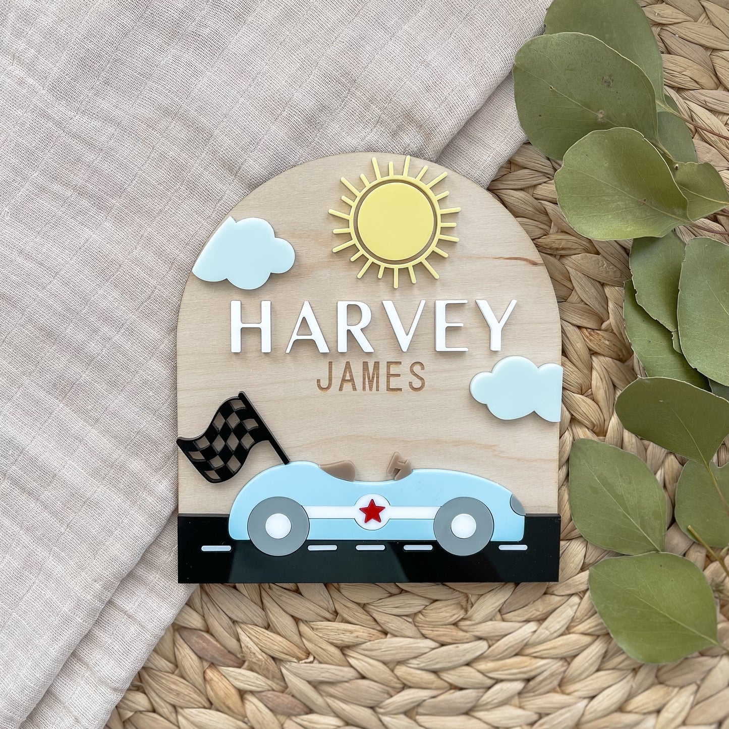 Race Car Baby Name Sign | Personalized Wooden Nursery Plaque