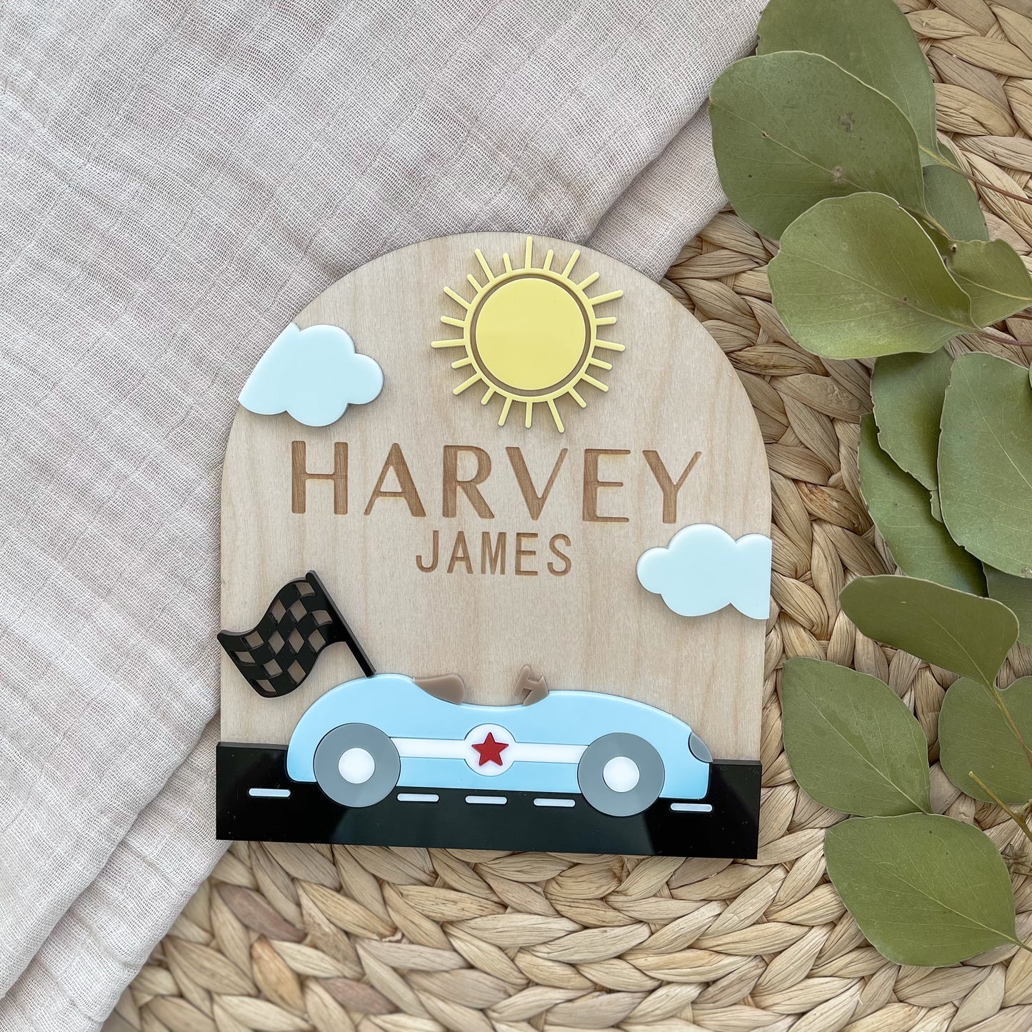 Race Car Baby Name Sign | Personalized Wooden Nursery Plaque