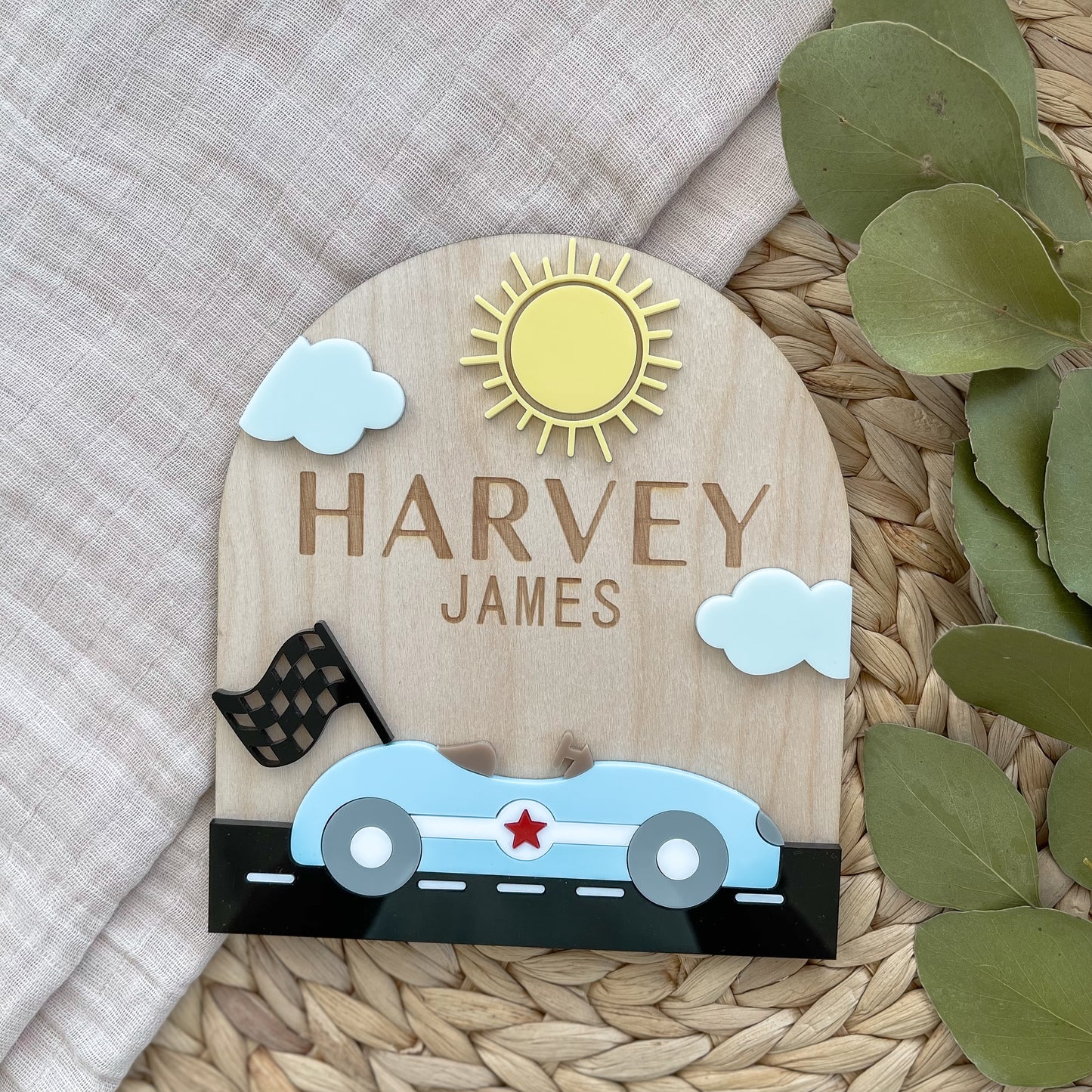 Race Car Baby Name Sign | Personalized Wooden Nursery Plaque