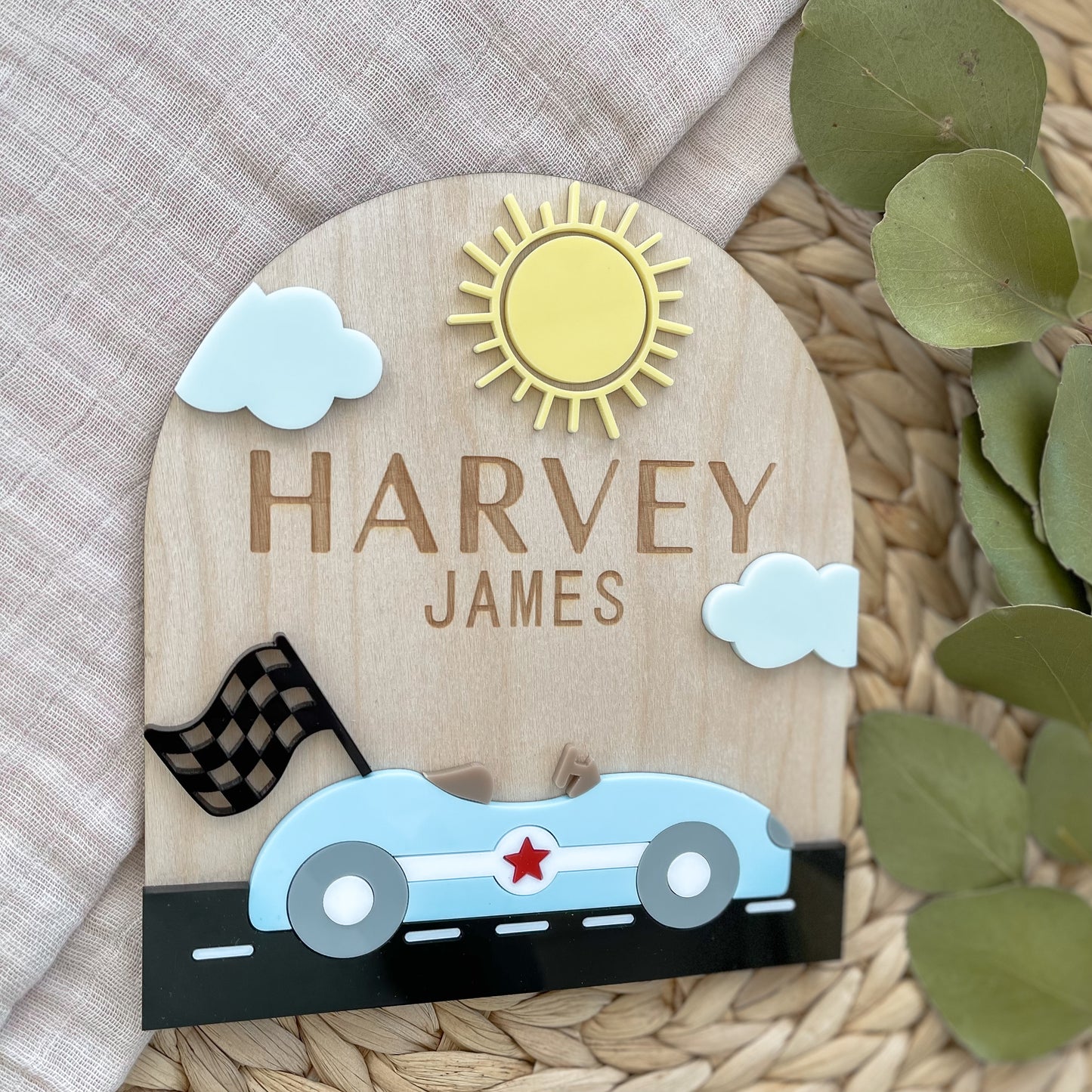 Race Car Baby Name Sign | Personalized Wooden Nursery Plaque