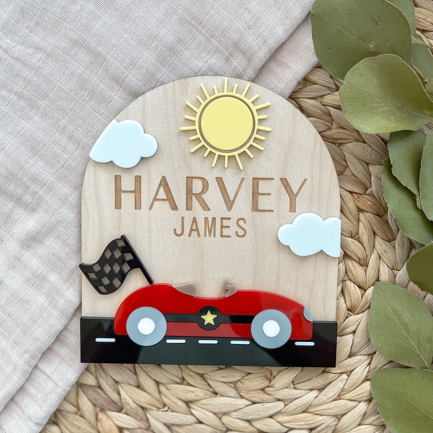 Race Car Baby Name Sign | Personalized Wooden Nursery Plaque