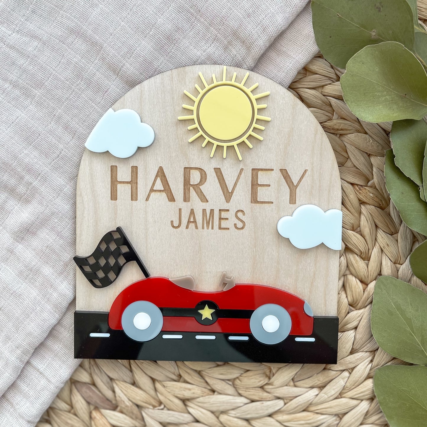 Race Car Baby Name Sign | Personalized Wooden Nursery Plaque