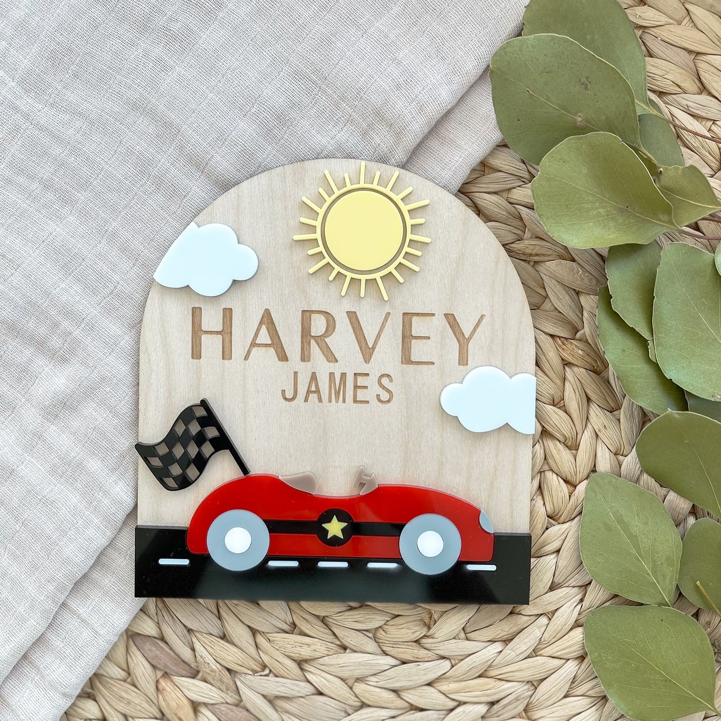 Race Car Baby Name Sign | Personalized Wooden Nursery Plaque
