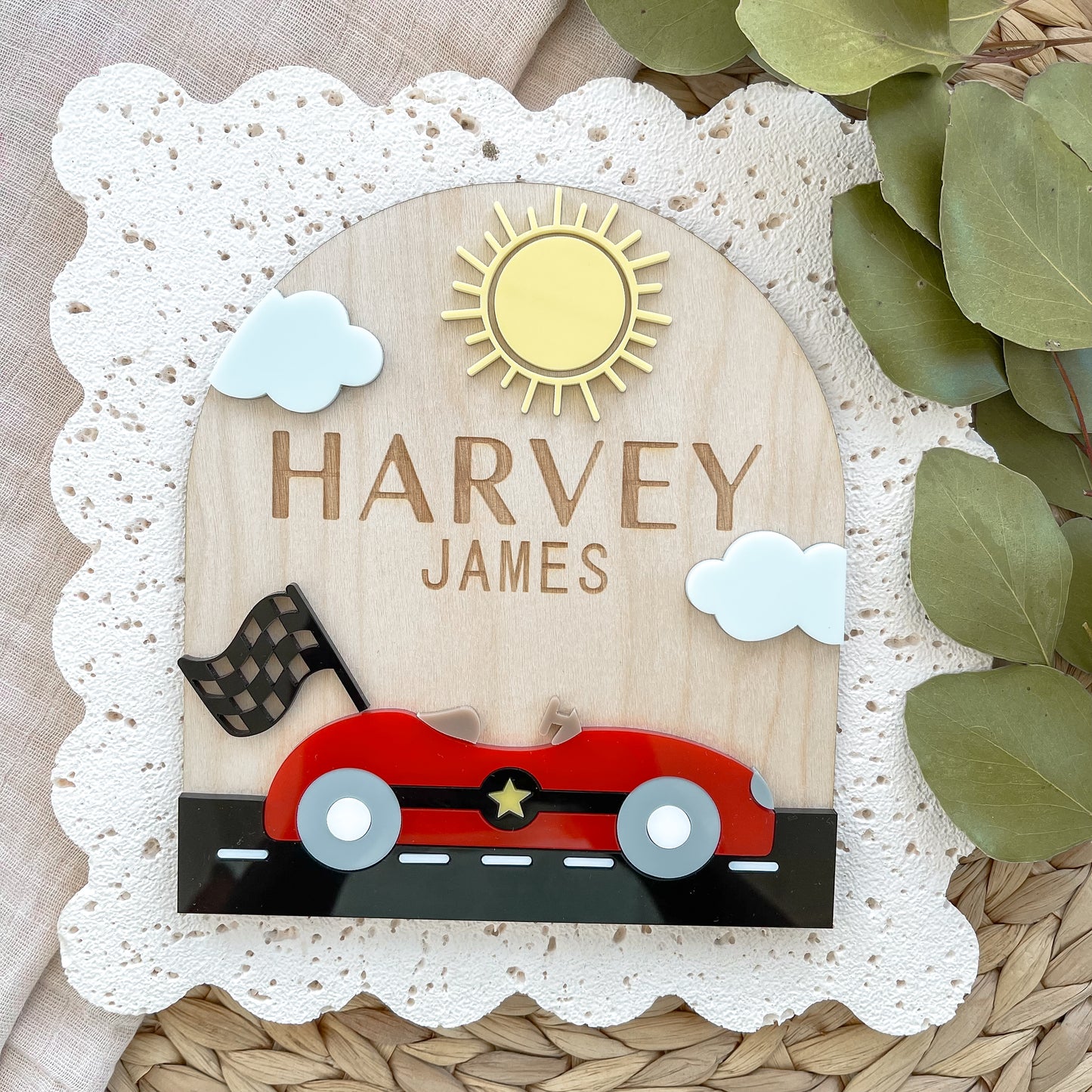 Race Car Baby Name Sign | Personalized Wooden Nursery Plaque