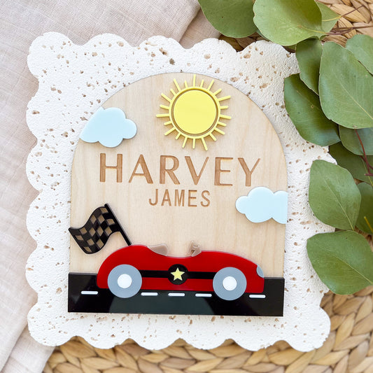 Race Car Baby Name Sign | Personalized Wooden Nursery Plaque