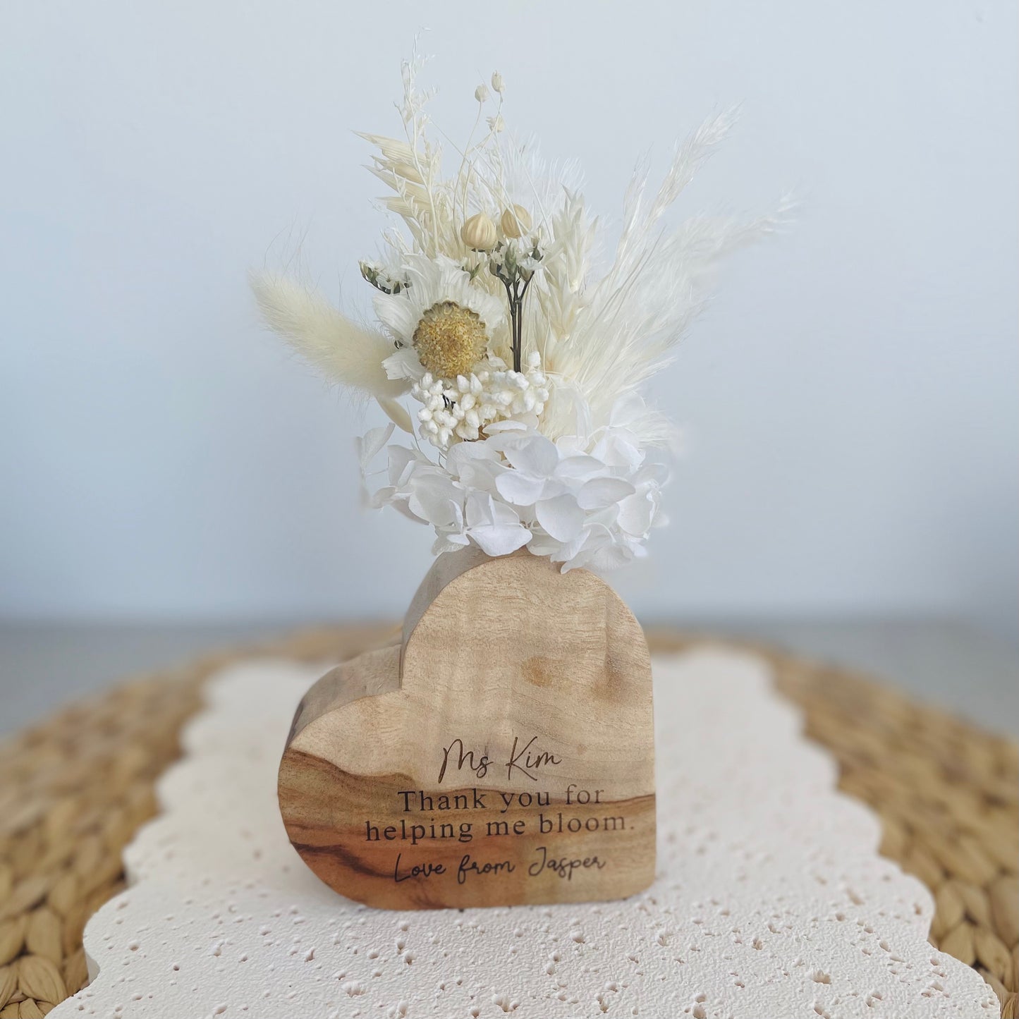 Personalised Teacher Gift Mini Heart Vase Custom | Wooden Keepsake with Dried Flowers