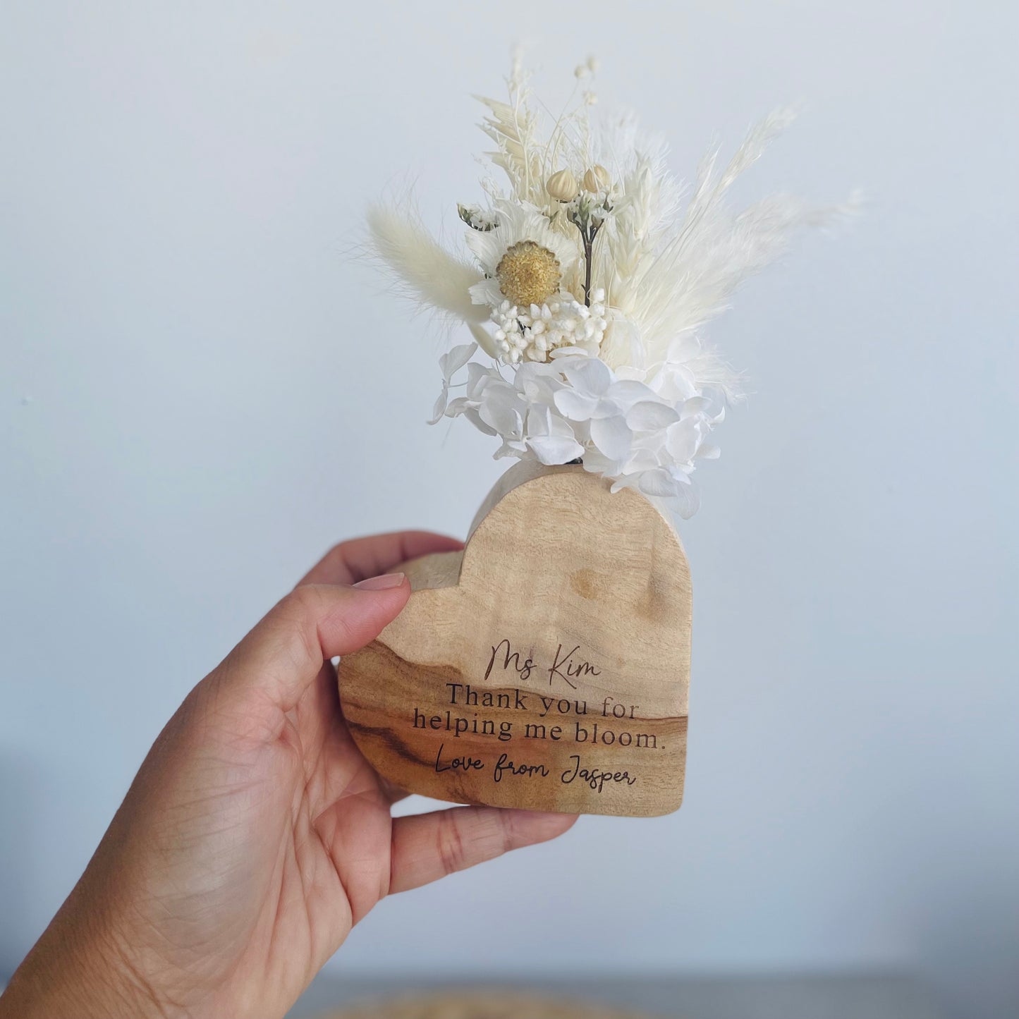 Personalised Teacher Gift Mini Heart Vase Custom | Wooden Keepsake with Dried Flowers