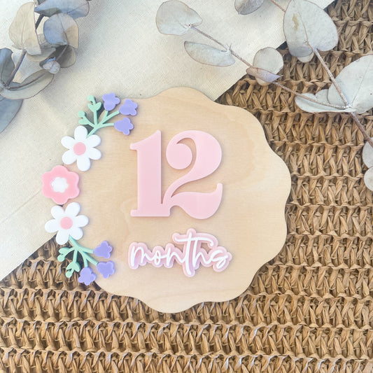Baby Milestone Disc – Floral Wooden Photo Plaque