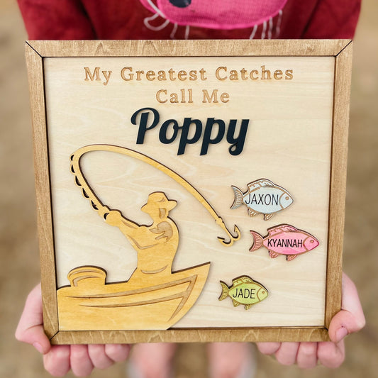 Custom Fishing Keepsake with Kids Names | Plaque for Poppy from Grandkids