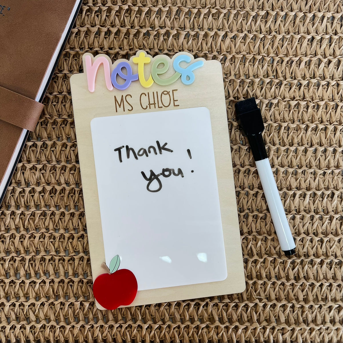 Personalised teacher dry erase note board with pastel NOTES lettering and Apple