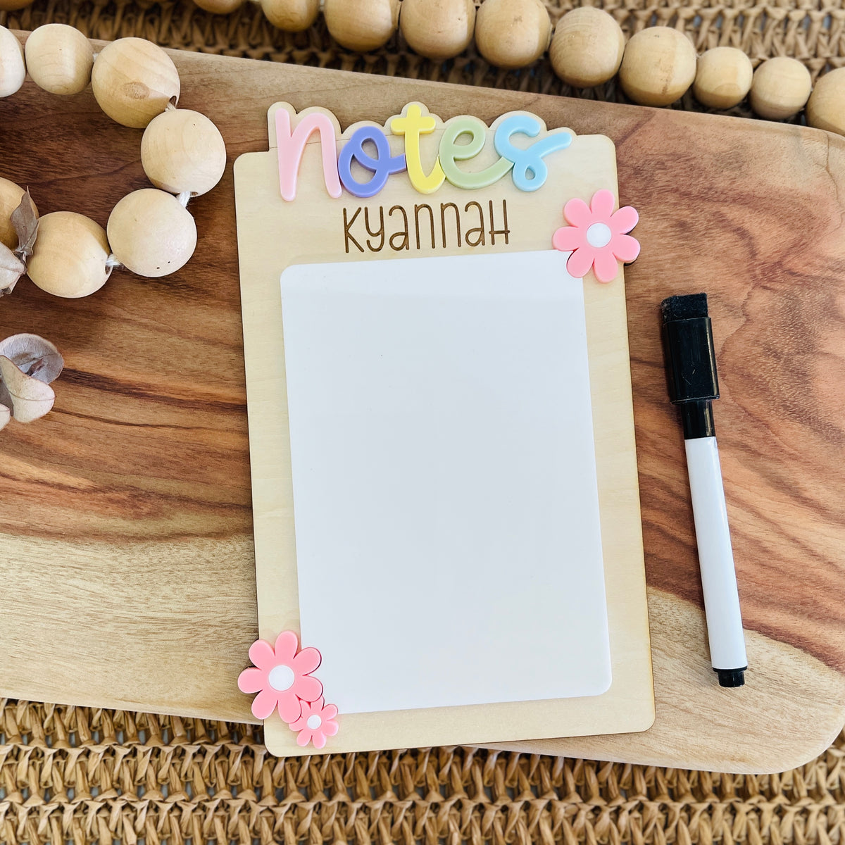 Personalised teacher dry erase note board with pastel NOTES lettering and pink flowers