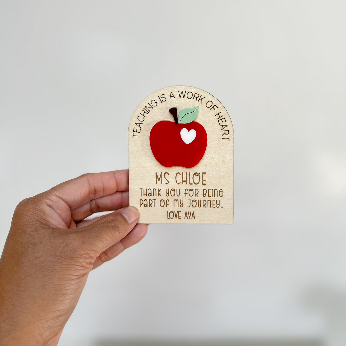 Handmade  wooden keepsake teacher magnet with colourful apple and thank you message