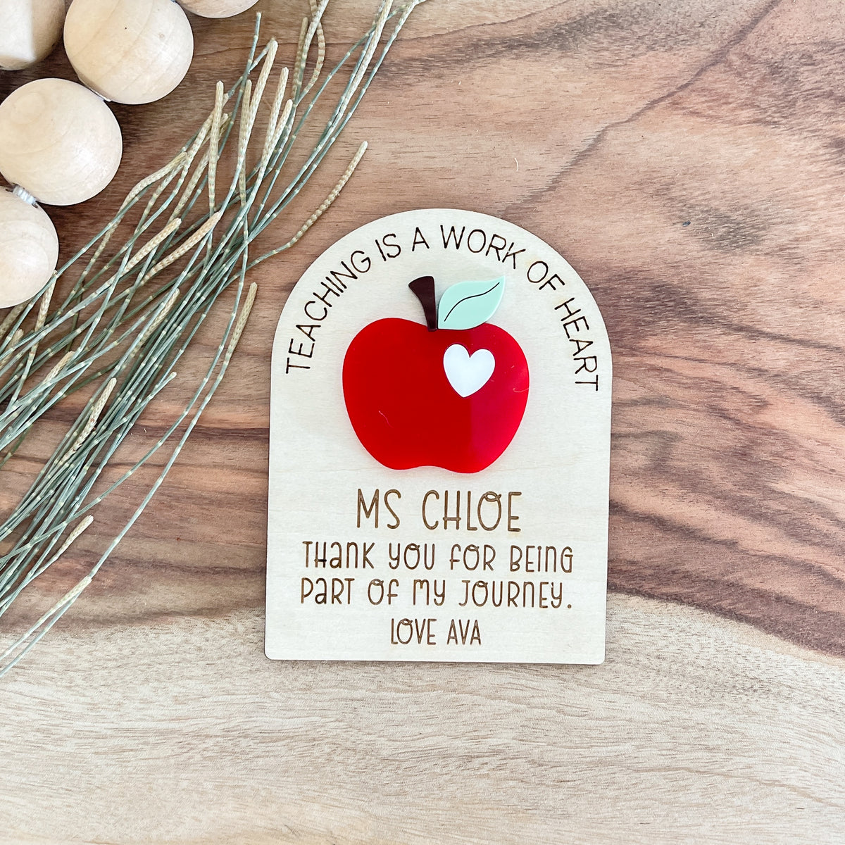 Personalised wooden teacher magnet with colourful apple and thank you message