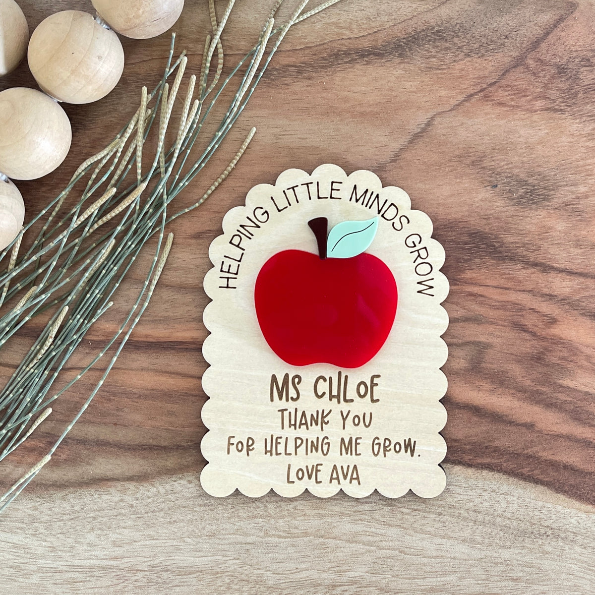 Personalised wooden teacher magnet with colourful apple and thank you message