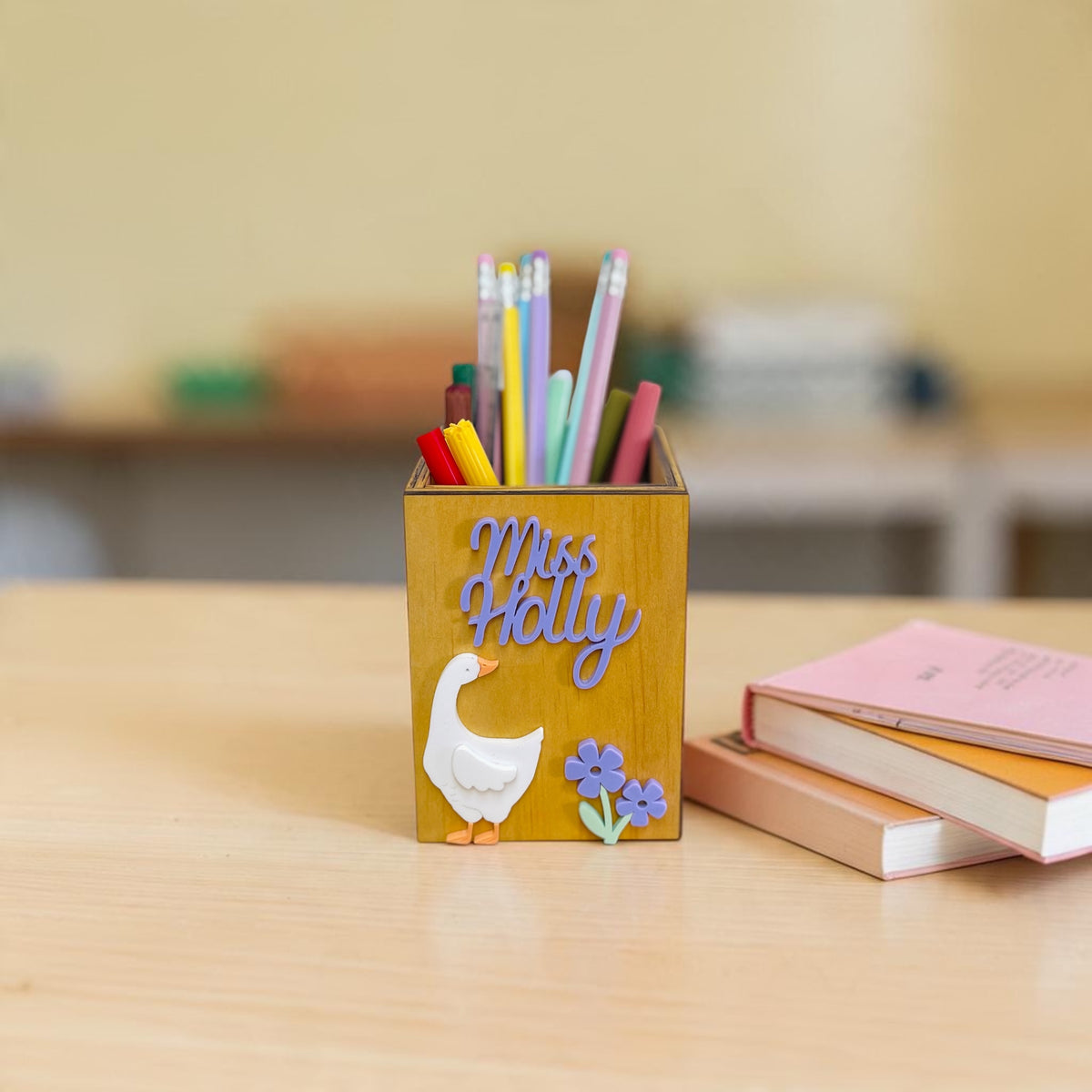 Personalised wooden pencil holder with goose design and educator name