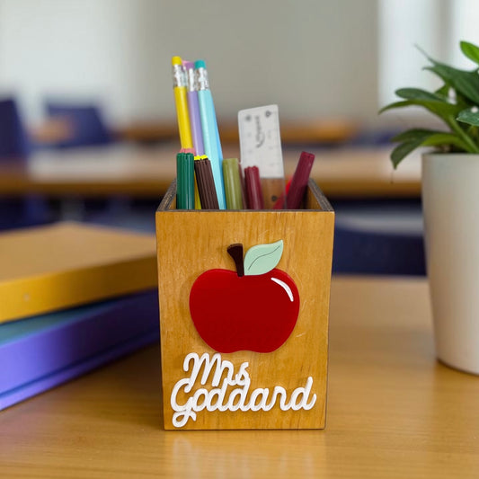 Personalised wooden pencil holder with apple teacher design and educator name