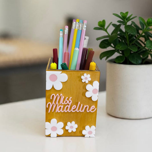Personalised wooden pencil holder with  Flower design and educator name