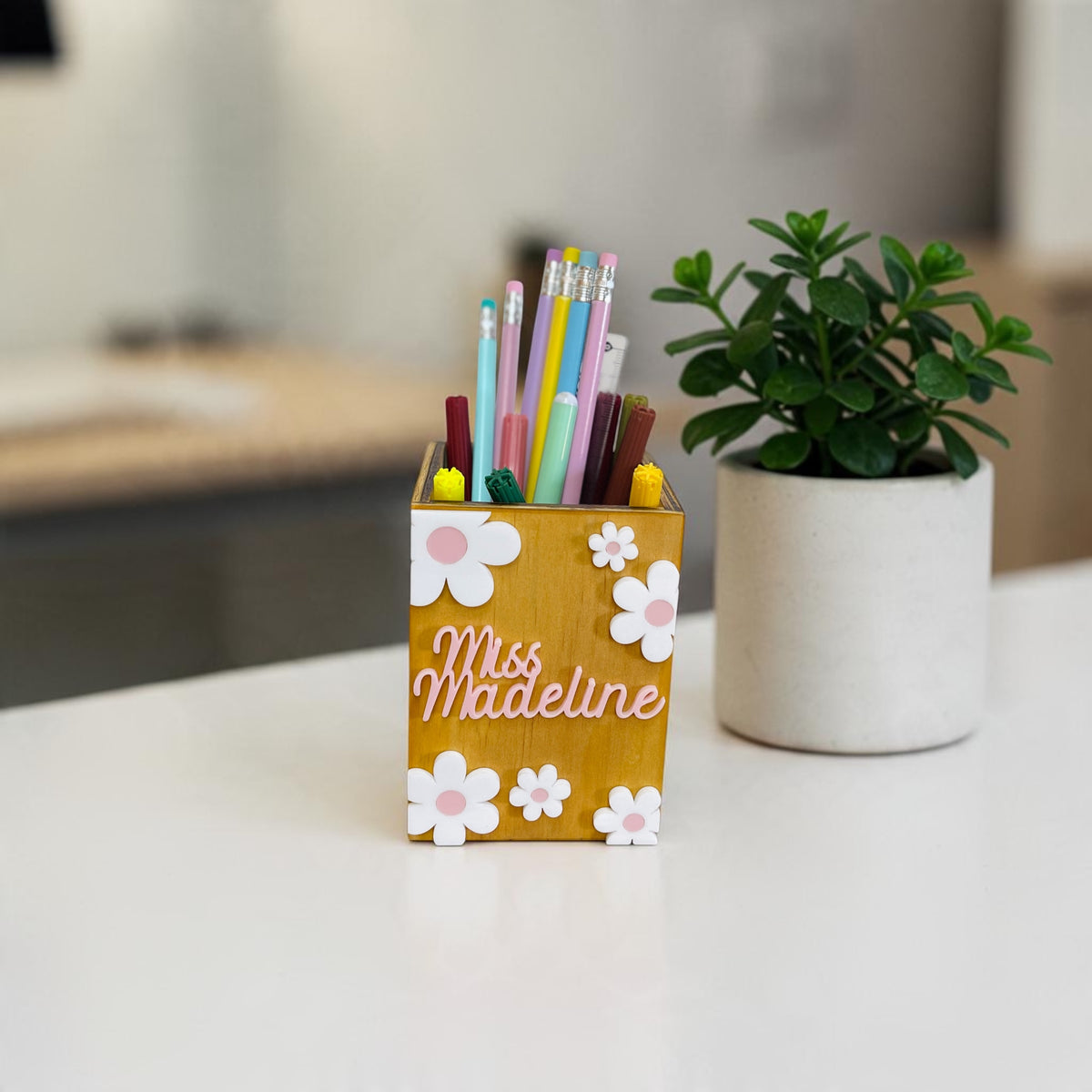 Personalised wooden pencil holder with flower teacher design and educator name