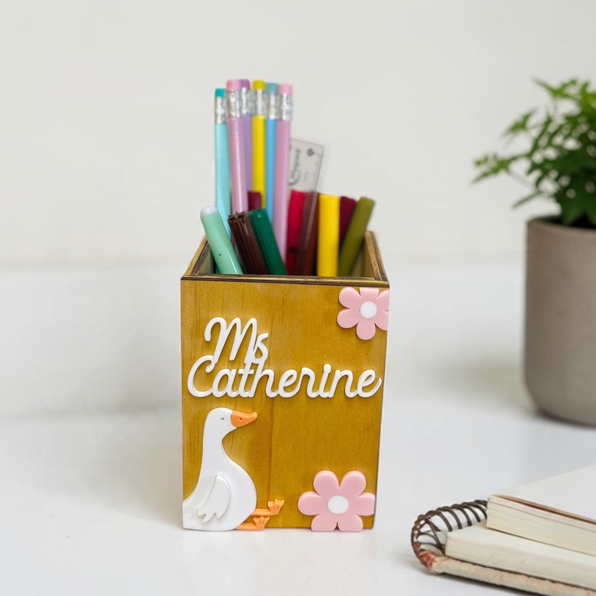 Personalised wooden pencil holder with Goose design and educator name