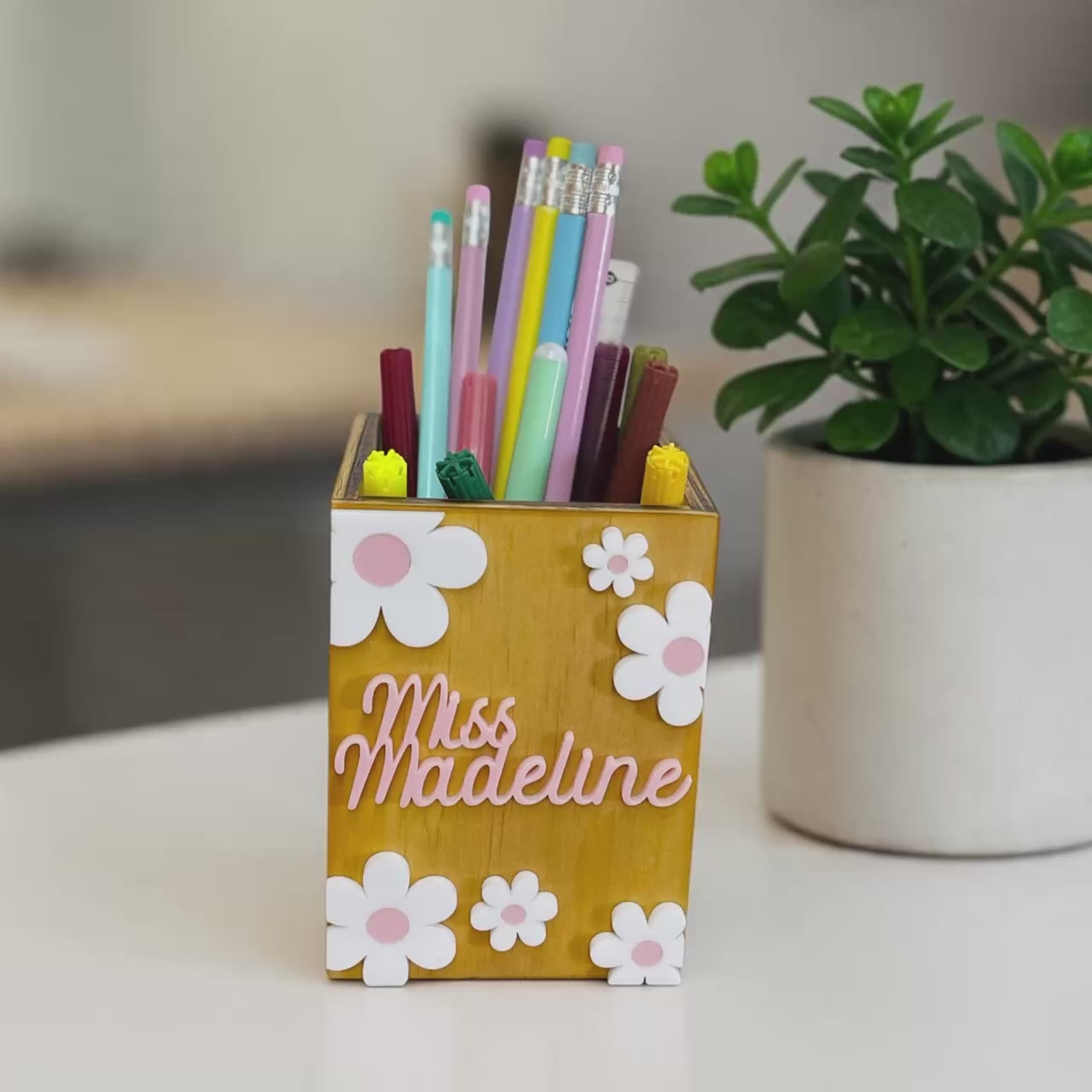 Personalised wooden pencil holder with apple teacher design and educator name